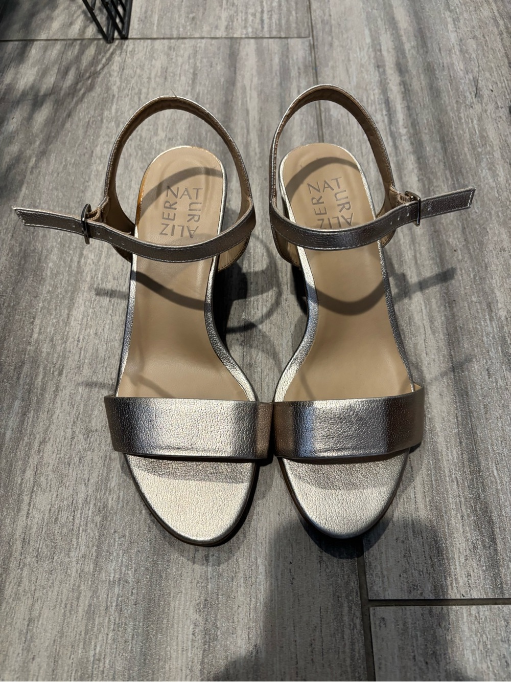 Naturalizer Metallic Pewter Ankle-Strap Block Heel Sandals